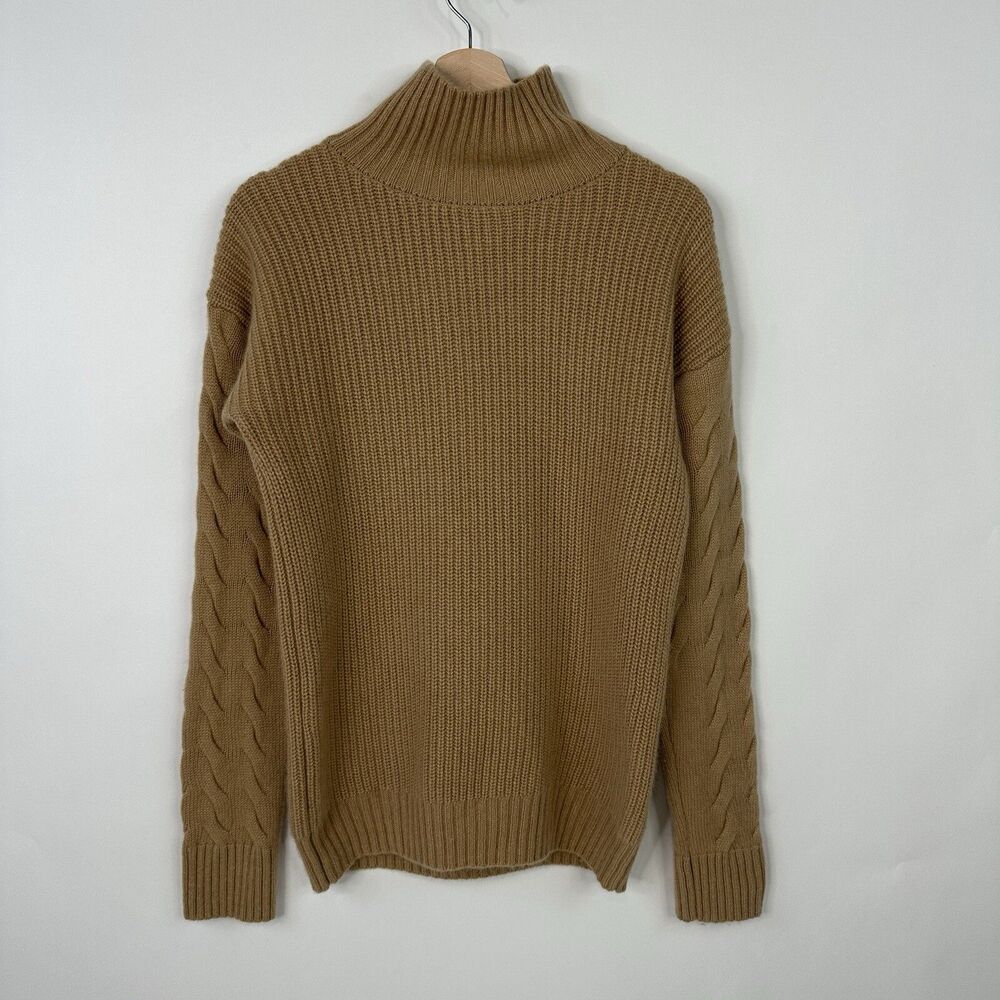 Gentle Herd Cashmere Wool Turtleneck Sweater XS Tan Cable Knit Chunky Pullover